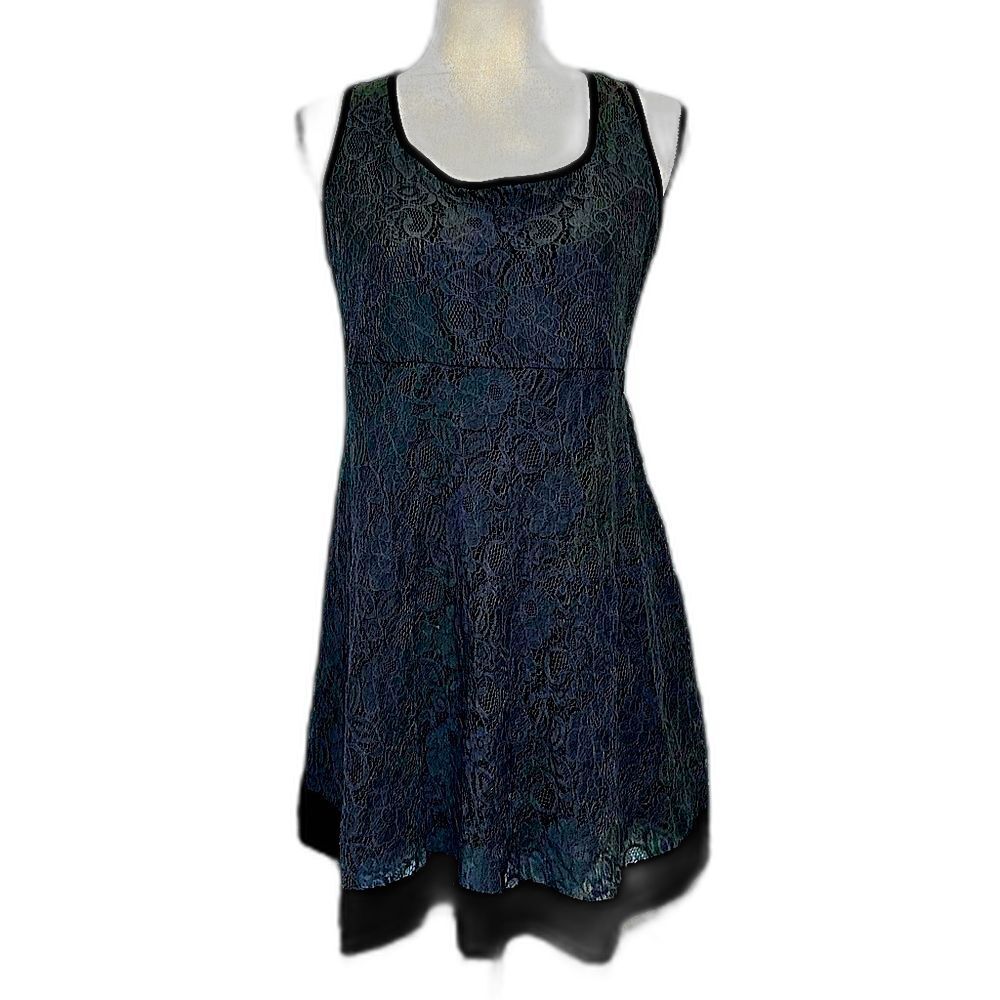 Vintage Y2K Floral Lace with Velvet Trim Skater Dress Sz L Whimsigoth #D4